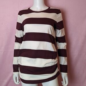 Old Navy Maternity Cream and Maroon Striped Ruched Sides Long Sleeve Tee Medium